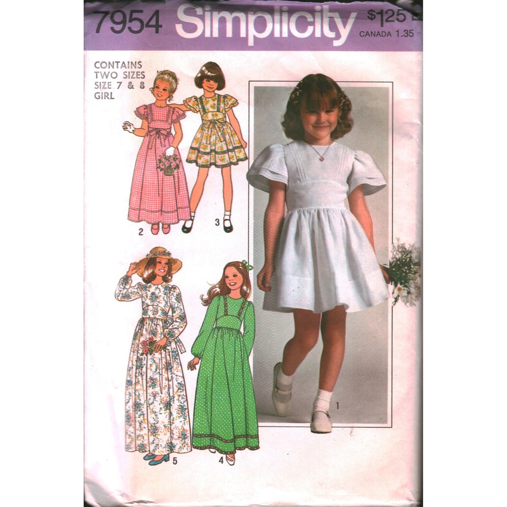 Vintage Simplicity 7954 Girls Dress Sewing‎ Pattern Size 7 8 Retro 1977 UNCUT